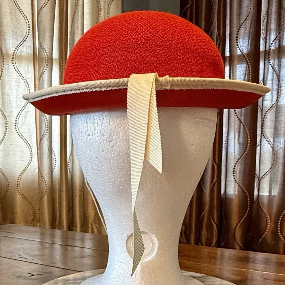 VTG 60s MCM Child Red Felt Hat White Ribbon Chin Elastic
